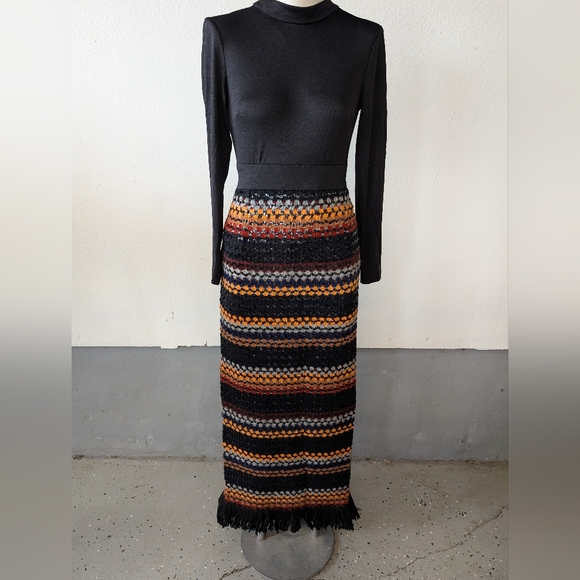 Vintage Dress Multicolor Knit Maxi Fringe bottom, Black Sequin in Skirt.